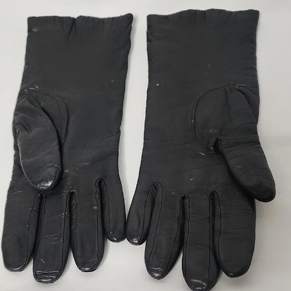 Aris Black Leather Cashmere Gloves Size 6 1/2